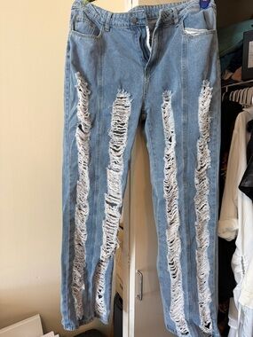 Straight Leg Distressed Light Blue Jeans for Women